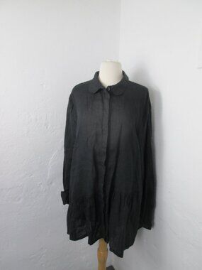 FLAX Designs 100% Linen Black Button Down Tunic Shirt Women's L